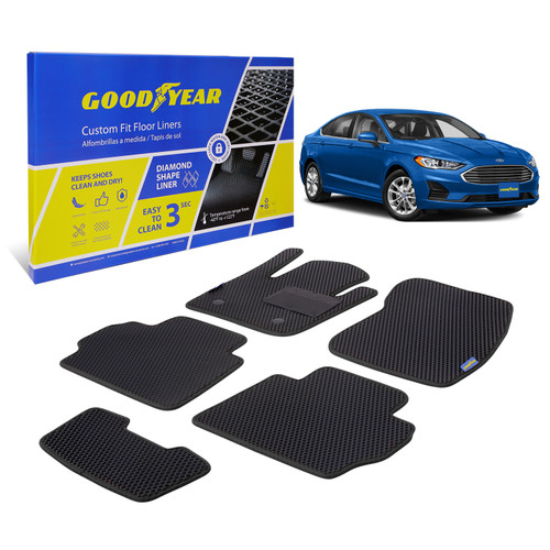 Goodyear Custom Fit Car Floor Liners for Ford Fusion 2013-2016 Black/Black 5 Pc. Set All-Weather Diamond Shape Liner Traps Dirt Liquid Precision Interior Coverage - GY004048 - GY004048