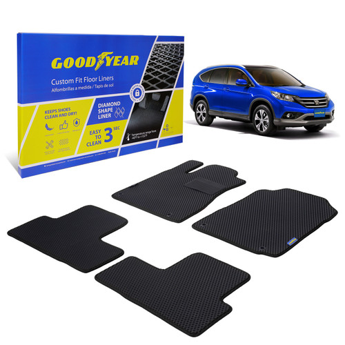 Goodyear Custom Fit Car Floor Liners for Honda CR-V 2012-2016 Black/Black 4 Pc. Set All-Weather Diamond Shape Liner Traps Dirt Liquid Rain and Dust Precision Interior Coverage - GY004057 - GY004057