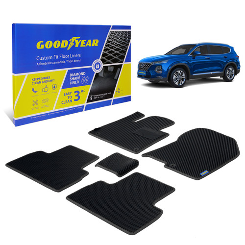 Goodyear Custom Fit Car Floor Liners for Hyundai Santa Fe 2019-2021 Black/Black 5 Pc. Set All-Weather Diamond Shape Liner Traps Dirt Liquid Rain and Dust Precision Interior Coverage - GY004099 - GY004099