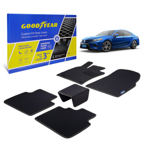 Goodyear Custom Fit Car Floor Liners for Toyota Camry 2018-2021 Black/Black 5 Pc. Set All-Weather Diamond Shape Liner Traps Dirt Liquid Rain and Dust Precision Interior Coverage - GY004111 - GY004111