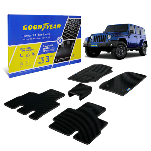 Goodyear Custom Fit Car Floor Liners for Jeep Wrangler 2014-2018 Black/Black 5 Pc. Set All-Weather Diamond Shape Liner Traps Dirt Liquid Precision Interior Coverage - GY004123 - GY004123