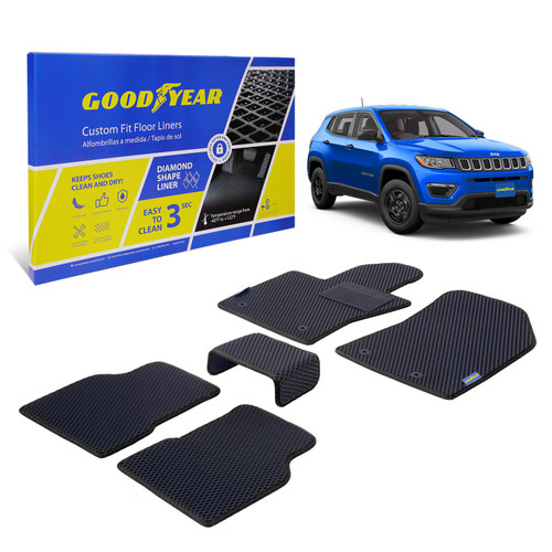 Goodyear Custom Fit Car Floor Liners for Jeep Compass 2017-2021 Black/Black 5 Pc. Set All-Weather Diamond Shape Liner Traps Dirt Liquid Rain and Dust Precision Interior Coverage - GY004132 - GY004132