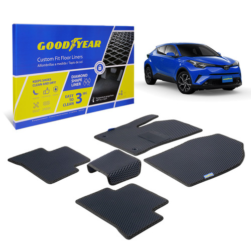 Goodyear Custom Fit Car Floor Liners for Toyota C-HR 2018-2020 Black/Black 5 Pc. Set All-Weather Diamond Shape Liner Traps Dirt Liquid Precision Interior Coverage - GY004174 - GY004174