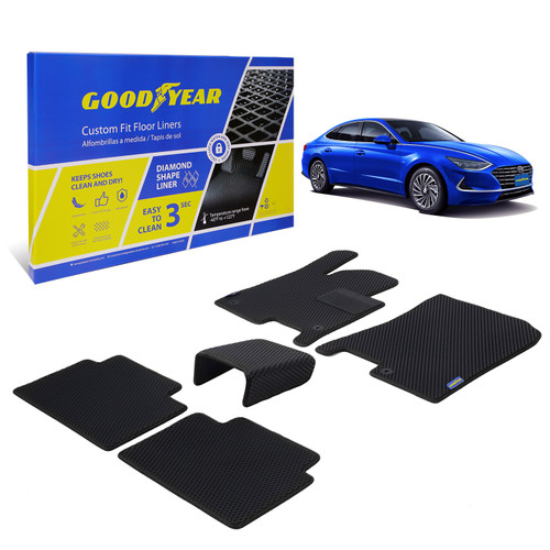 Goodyear Custom Fit Car Floor Liners for Hyundai Sonata 2020-2021/Kia K5 2020-2021 Black/Black 5 Pc. Set All-Weather Diamond Shape Liner Traps Dirt Liquid Rain and Dust Precision Interior Coverage - GY004183 - GY004183