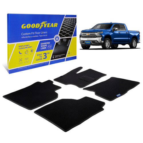 Goodyear Custom Fit Car Floor Liners for Chevrolet (Chevy) Silverado/for GMC Sierra 2019-2021 Crew Cab Black/Black All-Weather Diamond Shape Liner Traps Dirt LiquidPrecision Interior Coverage-GY004189 - GY004189