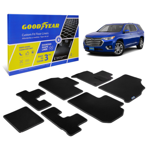 Goodyear Custom Fit Car Floor Liners for Chevy Traverse 2018-2021 Black/Black 7 Pc. Set All Weather Diamond Shape Liner Traps Dirt Liquid Rain and Dust Precision Interior Coverage - GY004192 - GY004192