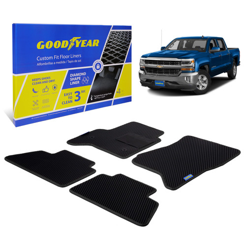 Goodyear Custom Fit Car Floor Liners for Chevrolet (Chevy) Silverado/for GMC Sierra 2014-2018 Crew Cab Black/BlackAll-Weather Diamond Shape Liner Traps Dirt LiquidPrecision Interior Coverage-GY004198 - GY004198