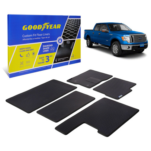 Goodyear Custom Fit Car Floor Liners for Ford F-150 2010-2014 SuperCrew Black/Black 5 Pc. Set All-Weather Diamond Shape Liner Traps Dirt Liquid Precision Interior Coverage - GY004204 - GY004204