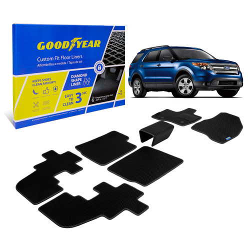 Goodyear Custom Fit Car Floor Liners for Ford Explorer 2011-2014 Black/Black 7 Pc. Set All-Weather Diamond Shape Liner Traps Dirt Liquid Precision Interior Coverage - GY004210 - GY004210