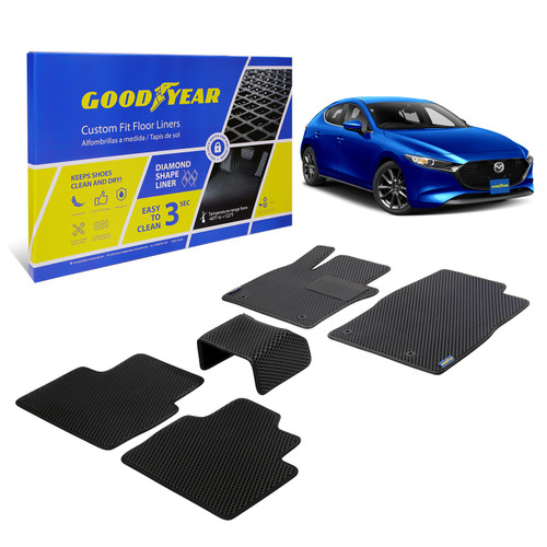Goodyear Custom Fit Car Floor Liners for Mazda 3 2019-2021 Black/Black 5 Pc. Set All-Weather Diamond Shape Liner Traps Dirt Liquid Precision Interior Coverage - GY004219 - GY004219