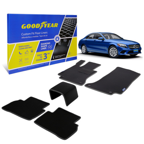 Goodyear Custom Fit Car Floor Liners for Mercedes C-Class 2015-2021 Sedan Black/Black 5 Pc. Set All-Weather Diamond Shape Liner Traps Dirt Liquid Precision Interior Coverage - GY004222 - GY004222