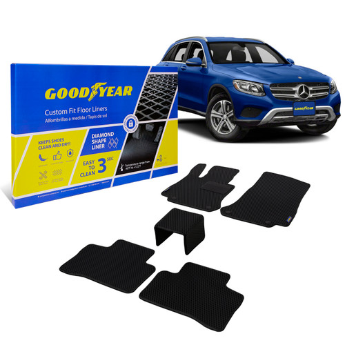 Goodyear Custom Fit Car Floor Liners for Mercedes GLC-Class 2016-2021 Black/Black 5 Pc. Set All-Weather Diamond Shape Liner Traps Dirt Liquid Precision Interior Coverage - GY004228 - GY004228