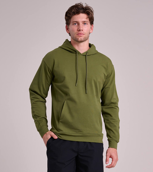 Black Crest Mens Vicinity French Terry Hoodie Sweatshirt with zippered kangaroo pouch pockets in black front view