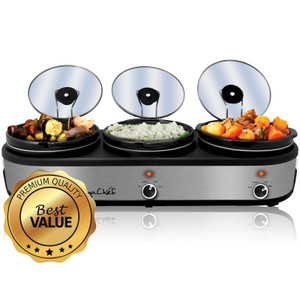 MegaChef Triple 2.5 Quart Slow Cooker and Buffet Server in Brushed Silver and Black Finish with 3 C D970-MC-1203 MegaChef Triple 2.5 Quart Slow Cooker and Buffet Server in Brushed Silver and Black Finish with 3 C D970-MC-1203