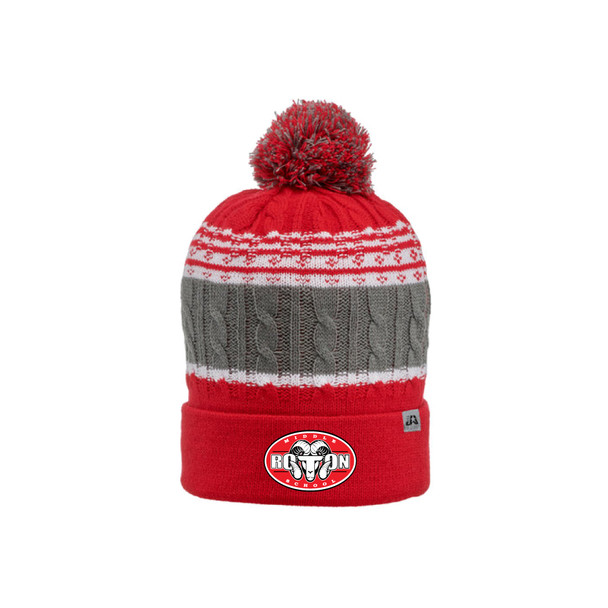 Embroidered Red/Gray/White Beanie with PomPom