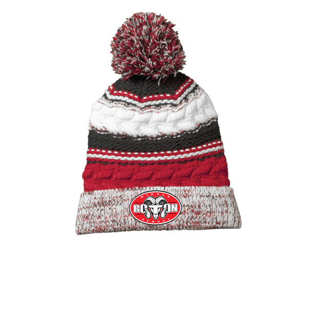 Embroidered Red/Gray/White Beanie with PomPom