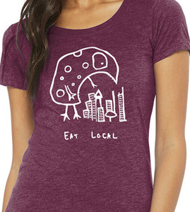 Close up of  Eat Local monster women’s fitted tri blend tee.