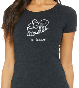 Close up of be present bee t shirt cute bee holding gift mindfulness pun graphic tee.