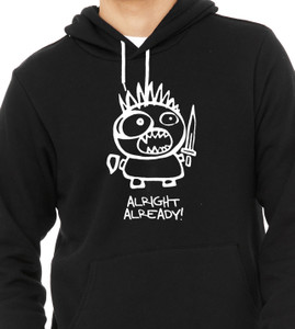 Close up of funny reluctant action hoodie cute warrior character.