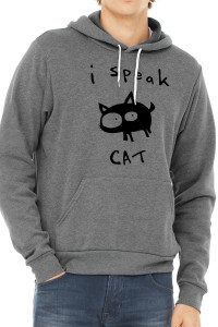Close up of model wearing funny "I Speak Cat" deep heather hoodie