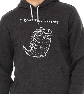 Close-up of cartoon dinosaur illustration with humorous extinction text.