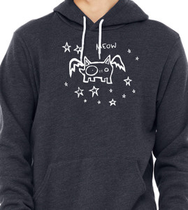 Close up of flying cat hoodie winged cat with stars cute minimalist night graphic sweater.