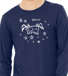 Close up of quirky cat lover shirt navy tee.