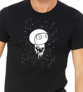 Close up of drift t shirt minimalist astronaut floating in space stars calm graphic tee.