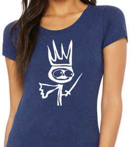 Close up of reluctant king t shirt minimalist fantasy character with crown and sword graphic women's tee.