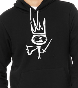 Close up of reluctant king hoodie minimalist fantasy character with crown and sword graphic pull over
