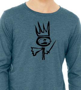 Close up of reluctant king t shirt minimalist fantasy character with crown and sword graphic long sleeve tee.