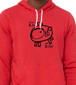 Close up of don't bug the boss hoodie funny work humor bug pun graphic sweater.