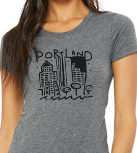 Close up of Portland Oregon skyline t shirt hand drawn pdx graphic tee minimalist city design.