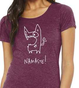 Close up of woman wearing funny namaste monster t shirt cute weird yoga graphic tee.