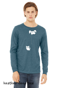 Surreal cat t shirt winged cat lowering string to another cat minimalist design on deep teal long sleeve tee.