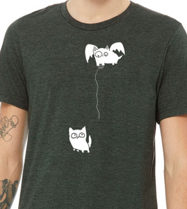 Close up of surreal cat t shirt winged cat lowering string to another cat minimalist design.
