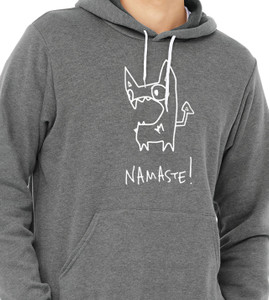 Close up of funny namaste monster hoodie cute weird yoga graphic grey hoodie.