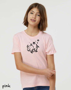 Youth wearing pink minimalist meditating dragon t shirt cute fantasy creature with moons graphic tee.
