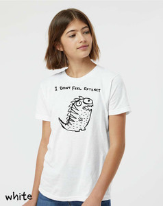 I Don’t Feel Extinct dinosaur t-shirt with cartoon dino illustration printed on youth white tee.