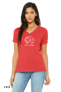 Woman wearing not today v neck t shirt funny lazy animal graphic cute minimalist humor tee. Color red.