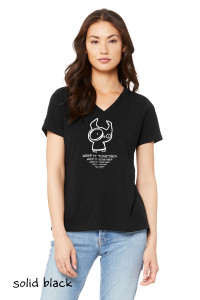 Woman wearing solid black Keep It Together monster t-shirt with wide-eyed character and repeating mantra text.