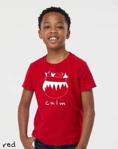 Funny calm cats red youth t shirt. Person with box of cats on head minimalist graphic tee.