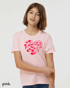 Heart shaped design made of battling monster characters. Youth  tee Pink.