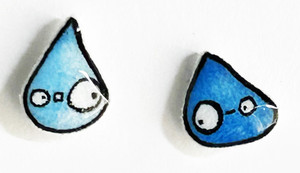 Handmade blue raindrop earrings tiny monster faces small stud earrings Portland rain jewelry.
