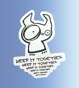 A black and white cartoon character with large uneven eyes and the repeated phrase “Keep it together” written below.