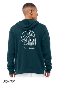 Back view of Eat Local monster zipper hoodie