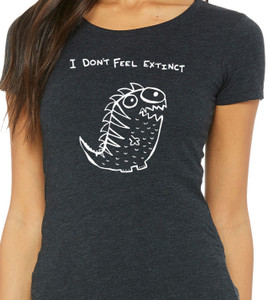 Close-up of cartoon dinosaur illustration with humorous extinction text.