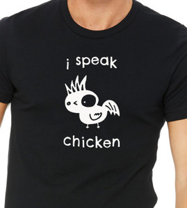 Close up of funny i speak chicken t shirt with cute bird drawing black tee.