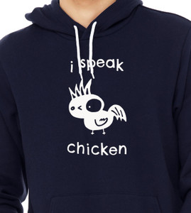 Close up of quirky animal humor shirt i speak chicken design.