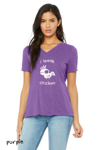 Woman wearing funny i speak chicken t shirt with cute bird drawing purple tee.